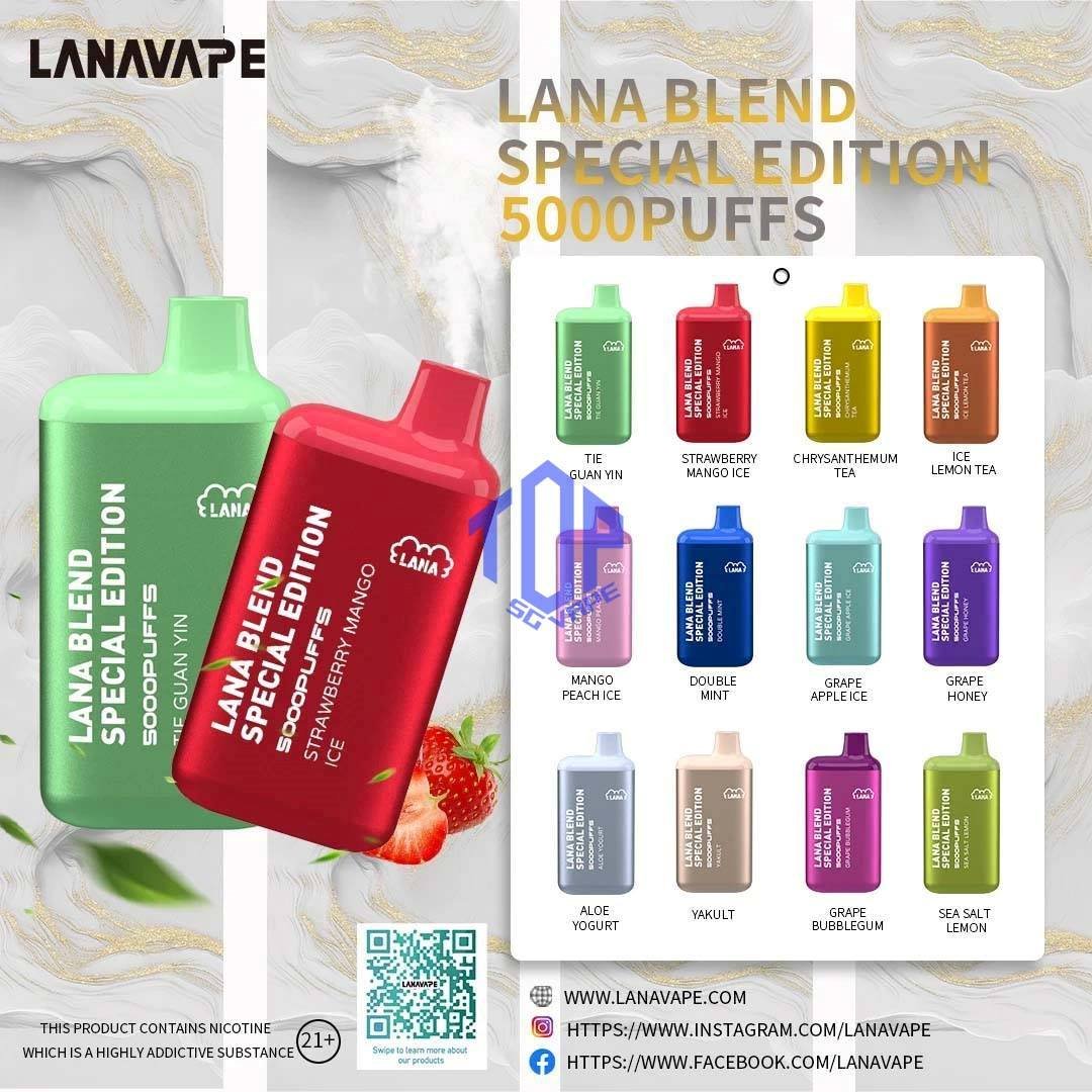 LANA BLEND SPECIAL 5000 DISPOSABLE - TOP SG VAPE SINGAPORE SHOP Lana Blend 5000 Special Edition Disposable Vape is a compact and stylish disposable vape kit that offers a convenient and satisfying vaping experience, it is perfect for those who prefer a simple yet stylish look. One of the standout features of the Lanabar 5000 is its flavor options. The device offers a range of flavors to choose from, each with its own unique taste profile. The flavors are well-balanced and do not contain any harsh or irritant ingredients, making for a smooth and enjoyable vaping experience. Whether you prefer sweet, fruity, or menthol flavors, the the Lanabar 5000 has something for everyone. Another advantage of the the Lanabar 5k is its size and portability. The device is small and lightweight, making it easy to carry in your pocket or bag. It’s perfect for those who need a discreet and convenient vaping solution, whether you’re at work, home, or on the go. The disposable design also means that you don’t have to worry about replacing parts or cleaning the device, making it a hassle-free option for those who want a simple and straightforward vaping experience. Specifications : Puff : 5000 Puffs Nicotine : 3% Capacity : 13ml Battery : 850mAh Charging : Rechargeable with Type C ⚠️LANA BLEND 5000 FLAVOUR LINE UP⚠️ Aloe Yogurt Chrysanthemum Tea Double Mint Grape Apple Ice Grape Bubblegum Grape Honey Ice Lemon Tea Mango Peach Ice Sea Salt Lemon Strawberry Mango Ice Tie Guan Yin Yakult Watermelon Bubblegum (New) Honeydew Watermelon (New) Pomelo White Tea (New) SG VAPE COD SAME DAY DELIVERY , CASH ON DELIVERY ONLY. TAKE BULK ORDER /MORE ORDER PLS CONTACT ME : TOPSGVAPE (WHATSAPP) VIEW OUR DAILY NEWS INFORMATION VAPE : TELEGRAM CHANNEL